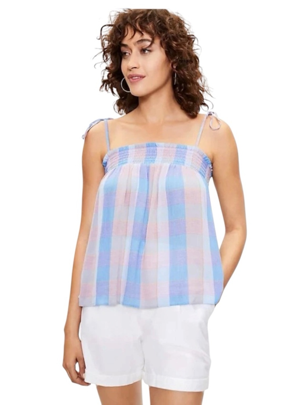 LOFT Smocked Plaid Tie-Strap Tank Top in Pastel Blue and Pink